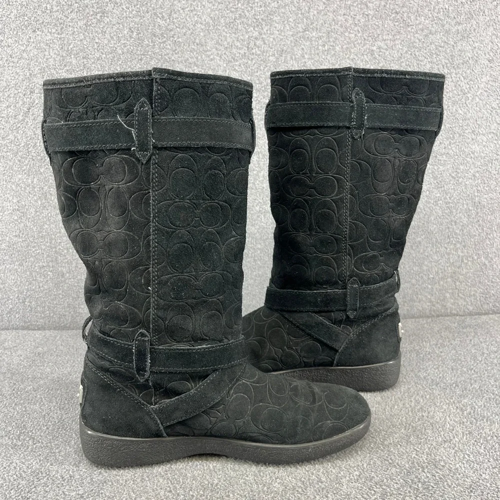 Coach Black Suede Monogram Tall‎ Boots Buckle Detail Women's US 8 B EU 38.5